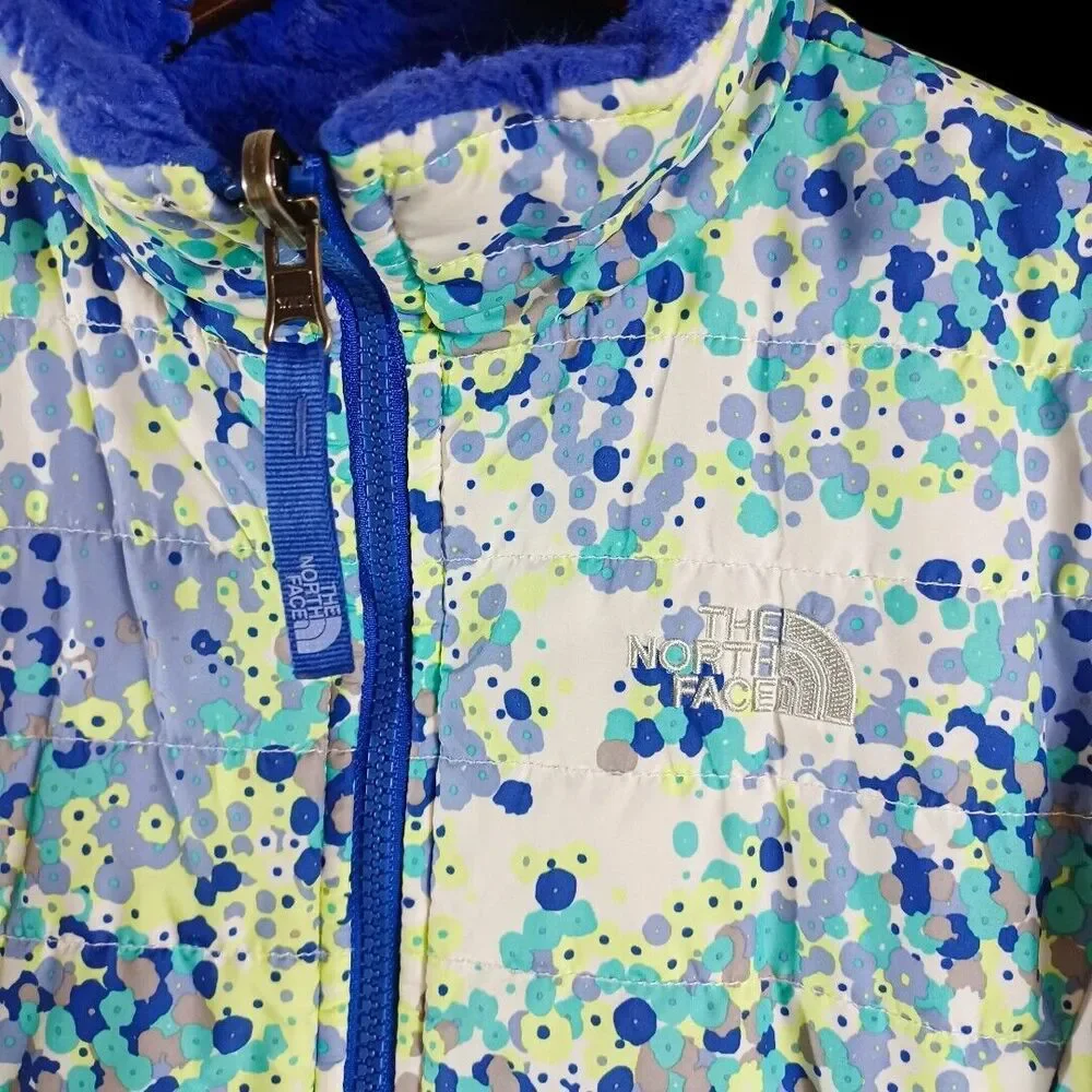 The North Face Reversible Quilted White Blue Floral Jacket Sherpa Girl Sz. XL 18